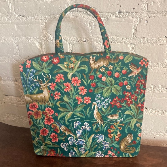 Margaret Smith Handbags - Vintage 1960s 70s Margaret Smith green floral animal print fabric handbag